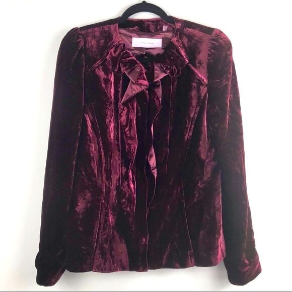 T Tahari Wine Velvet Ruffle Front Blazer Jacket - Picture 10 of 16